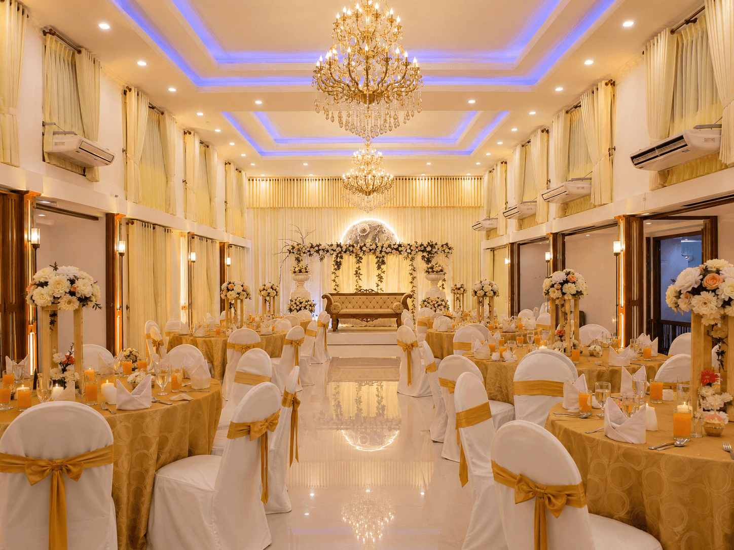 Elegant banquet hall arranged for a celebration