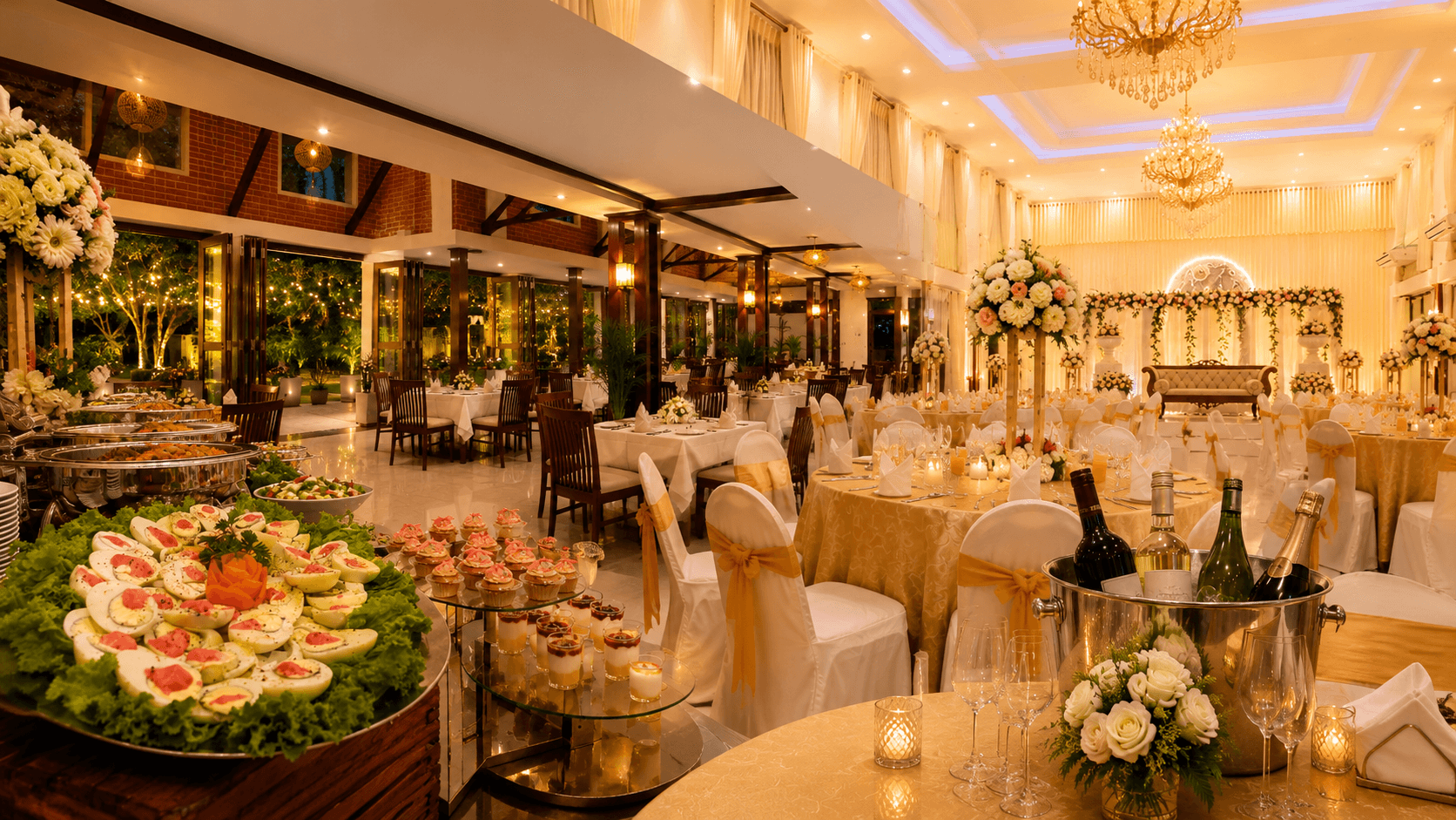 Event services prepared for an evening garden celebration