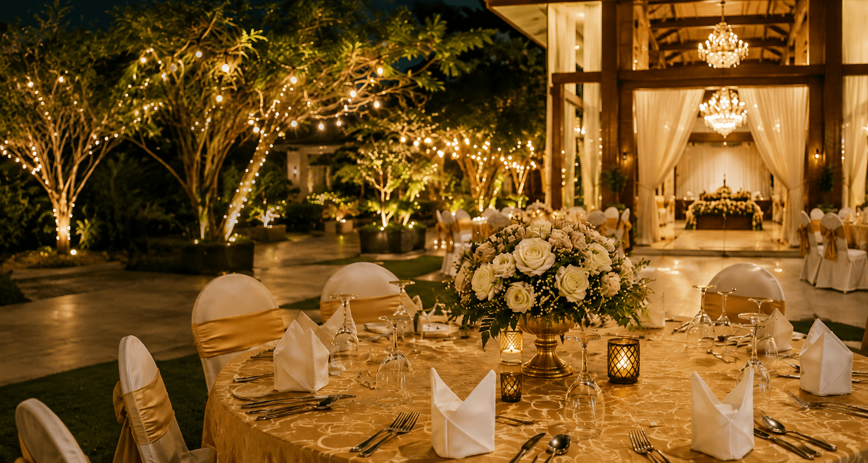 Wanaguru Hotel garden prepared for a celebration at sunset